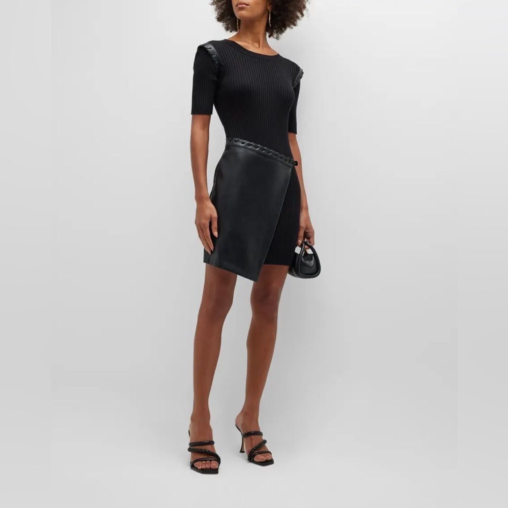 NWT Jonathan Simkhai Gianina Rib-Knit Vegan Leather Braided Mini Dress Black S
